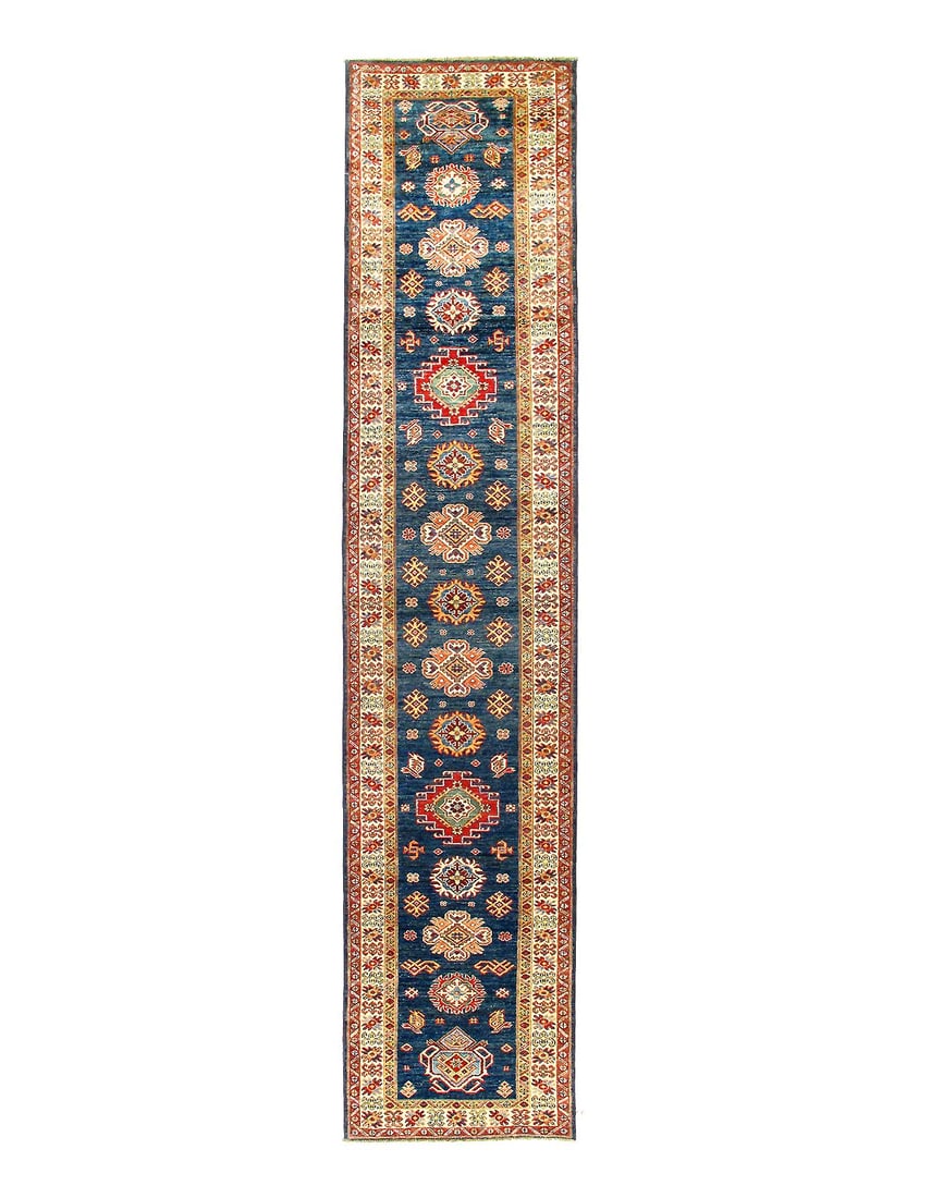 Navy Blue Super Kazak Lamb's Wool Runner 2'8" X 13'3": Navy Blue Super Kazak Lamb's Wool Runner 2'8" X 13'3" - New, Kazak, Hand-Knotted, Lamb's Wool, 300 -D12670- 862.This item is part of our fine auction collection which includes many fine home accessori