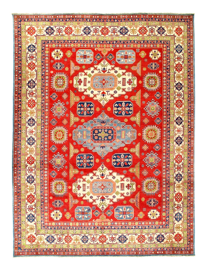 Red Color Fine Hand knotted Kazak 9'X 12': Red Color Fine Hand knotted Kazak 9'X 12' - NEW, Kazak, Hand-Knotted, Lamb's Wool, 300 -D14130- 862.This item is part of our fine auction collection which includes many fine home accessories including