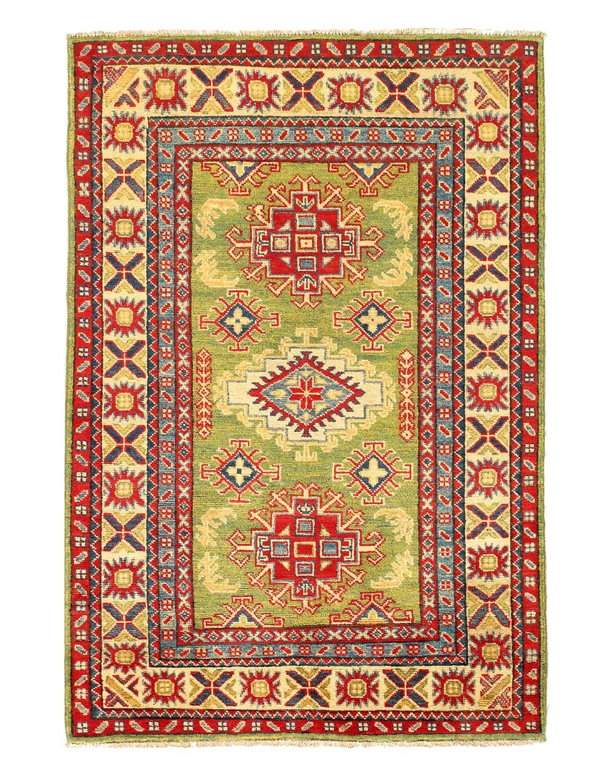 Green Fine Hand knotted Kazak 3'4"x 5'1": Green Fine Hand knotted Kazak 3'4"x 5'1" - NEW, Kazak, Hand-Knotted, Lamb's Wool, 300 -D14121- 862.This item is part of our fine auction collection which includes many fine home accessories including 