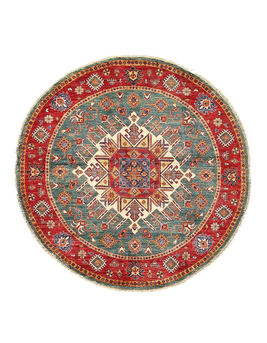 Green Color Fine Hand Knotted Round Kazak 5'3"X 5'3": Green Color Fine Hand Knotted Round Kazak 5'3"X 5'3" - New, Kazak, Hand-Knotted, Lamb's Wool, 300 -D14077- 862.This item is part of our fine auction collection which includes many fine home accessorie