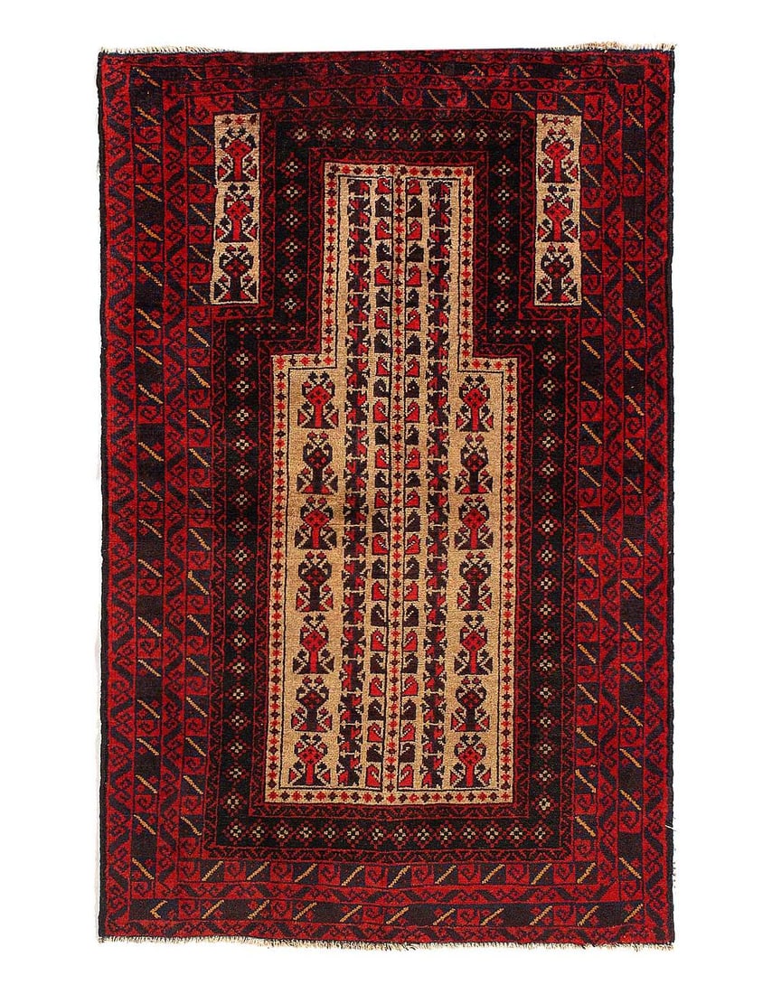 Fine Hand knotted balouchi rug size 3' X 4'8'': Fine Hand knotted balouchi rug size 3' X 4'8''- New, Prayer rug , Hand-Knotted, Lamb's Wool, 300 -D14959- 862.This item is part of our fine auction collection which includes many fine home accessories