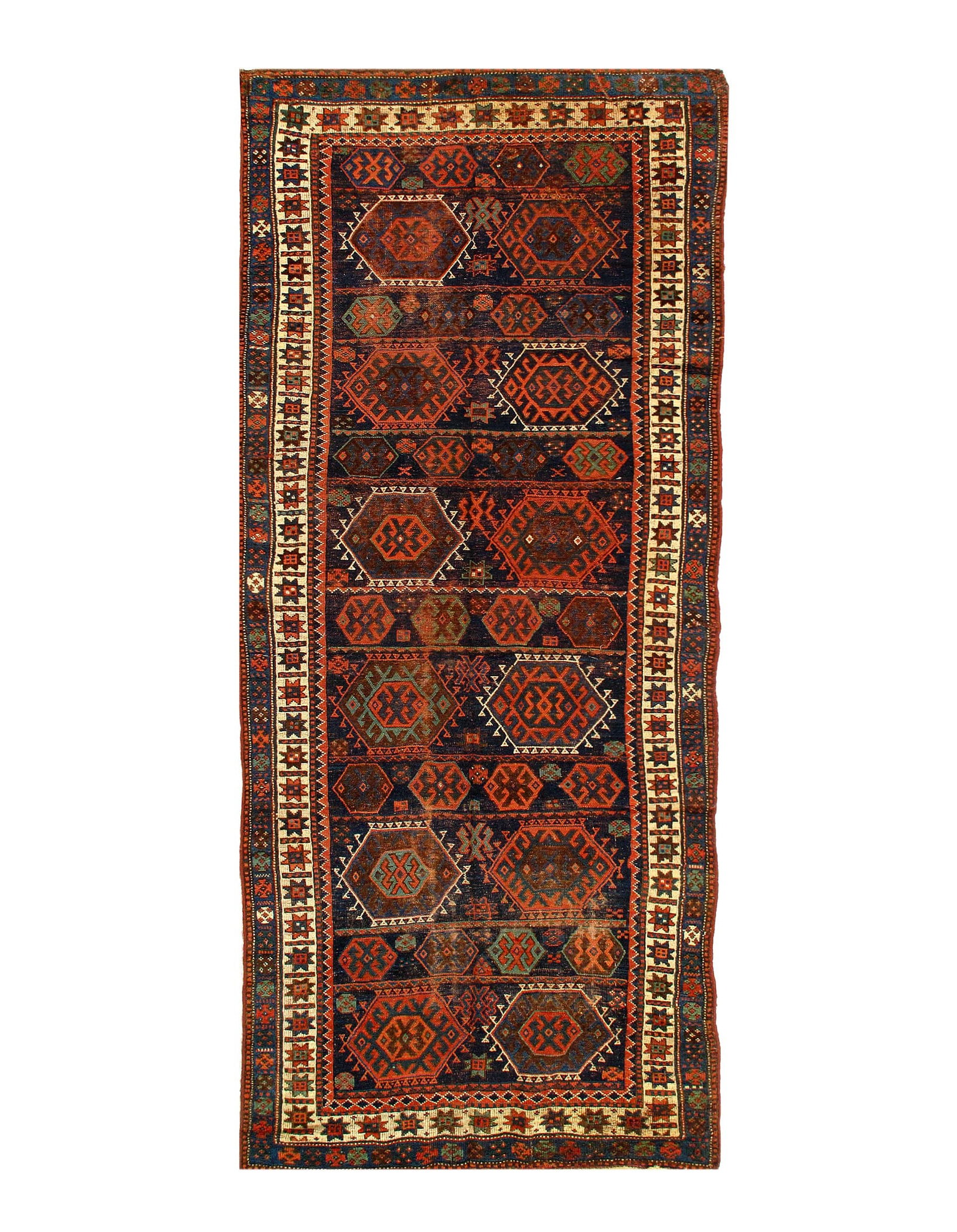 Navy Blue Antique Russian kazak Runner 4'11'' X 10'4'': Navy Blue Antique Russian kazak Runner 4'11'' X 10'4'' - Circa 1880, Kazak, Hand-Knotted, Lamb's Wool, 300 -14630- 862.This item is part of our fine auction collection which includes many fine home ac