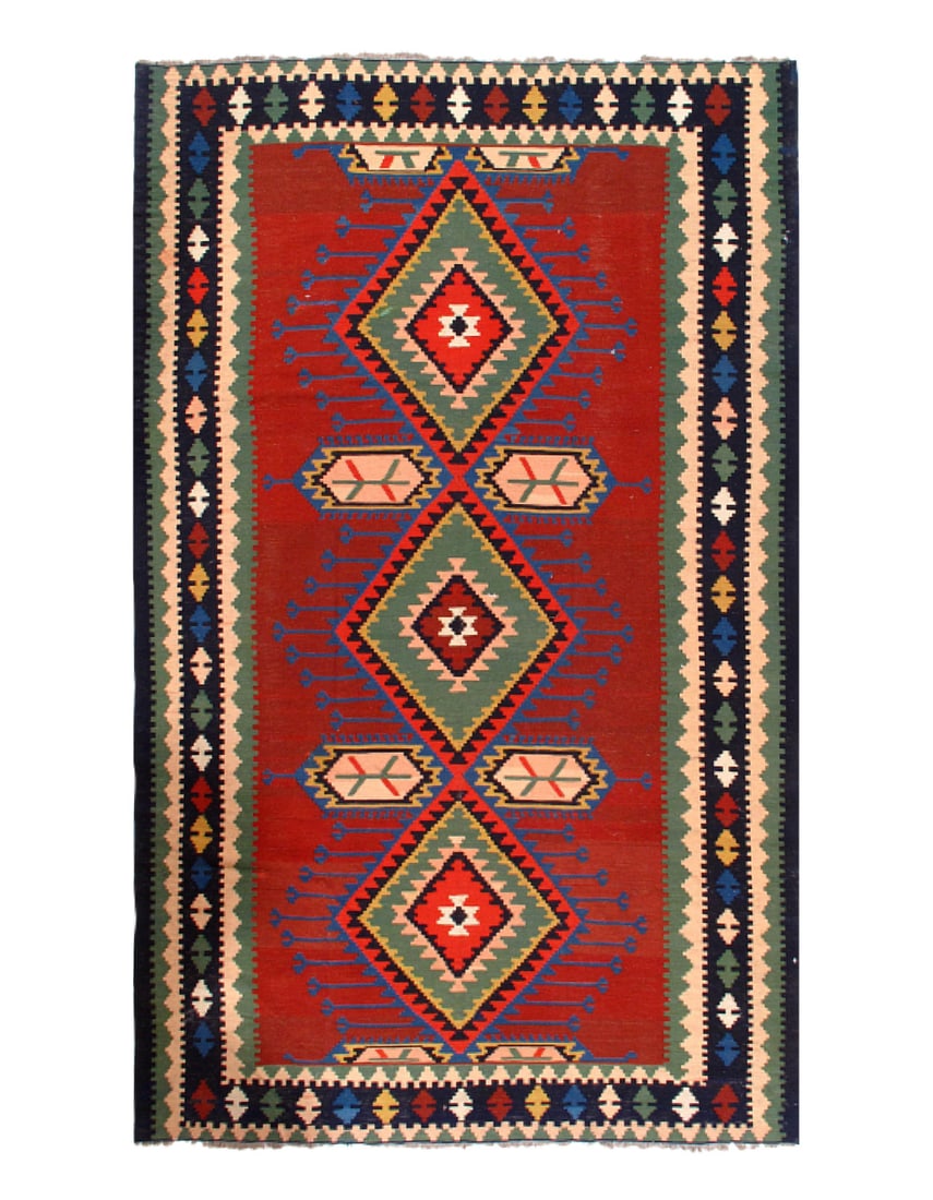 Red Fine Hand knotted Russian Kazak 6' 6'' X 10'11'': Red Fine Hand knotted Russian Kazak 6' 6'' X 10'11'' - Circa 1940, Kazak, Hand-Knotted, Flat Weave, 300 -17300- 862.This item is part of our fine auction collection which includes many fine home acces