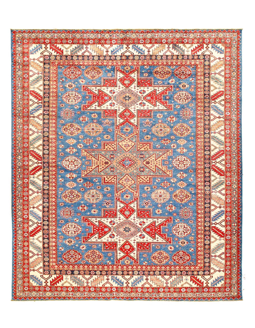 Light Blue Fine Hand knotted Kazak 8'1'' X 9'8'': Light Blue Fine Hand knotted Kazak 8'1'' X 9'8'' - New, Kazak, Hand-Knotted, Lamb's Wool, 300 -D12522- 862.This item is part of our fine auction collection which includes many fine home accessories in
