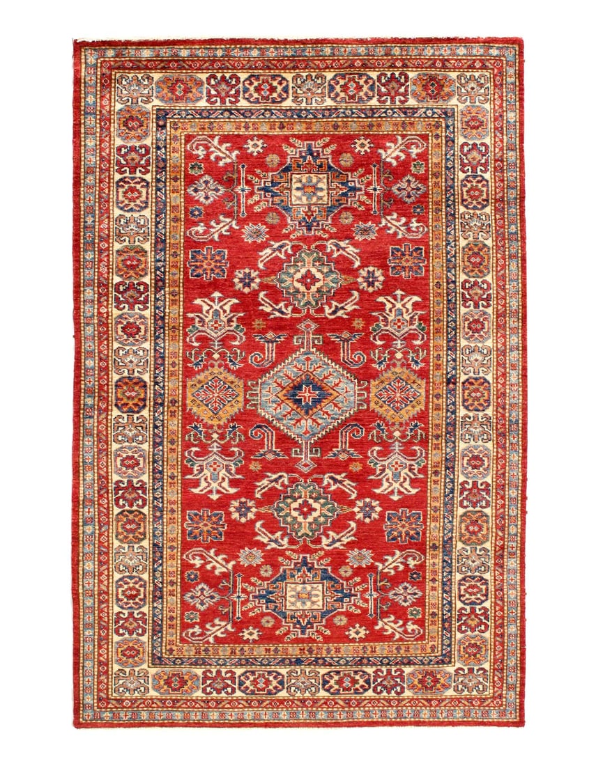 Red color Super fine hand knotted kazak rug 3'11'' X 5'11'': Red color Super fine hand knotted kazak rug 3'11'' X 5'11'' - New, Kazak, Hand-Knotted, Lamb's Wool, 300 -D14075- 862.This item is part of our fine auction collection which includes many fine home acc