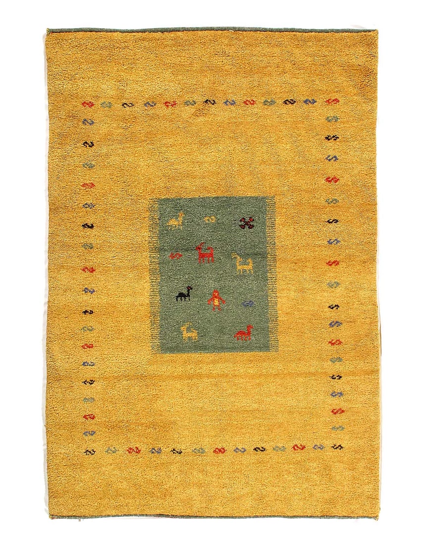 Gold Hand Knotted Gabbeh Rug 4'X 6': Gold Hand Knotted Gabbeh Rug 4'X 6' - NEW, Gabbeh, Hand-Knotted, Lamb's Wool, 300 -22943- 862.This item is part of our fine auction collection which includes many fine home accessories including antiq