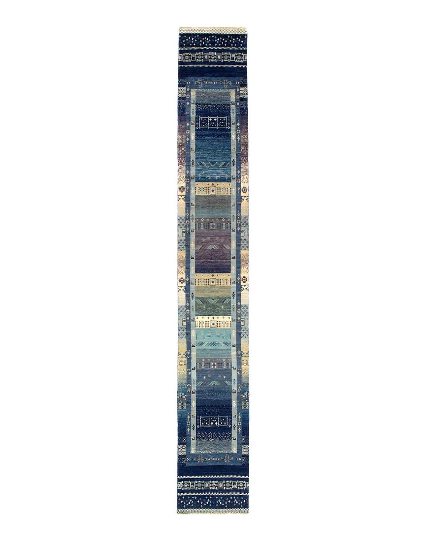Light Blue Fine Hand knotted Gabbeh Runner 2'5"X 17'7": Light Blue Fine Hand knotted Gabbeh Runner 2'5"X 17'7" - NEW, Gabbeh, Hand-Knotted, Lamb's Wool, 300 -D14102- 862.This item is part of our fine auction collection which includes many fine home accesso