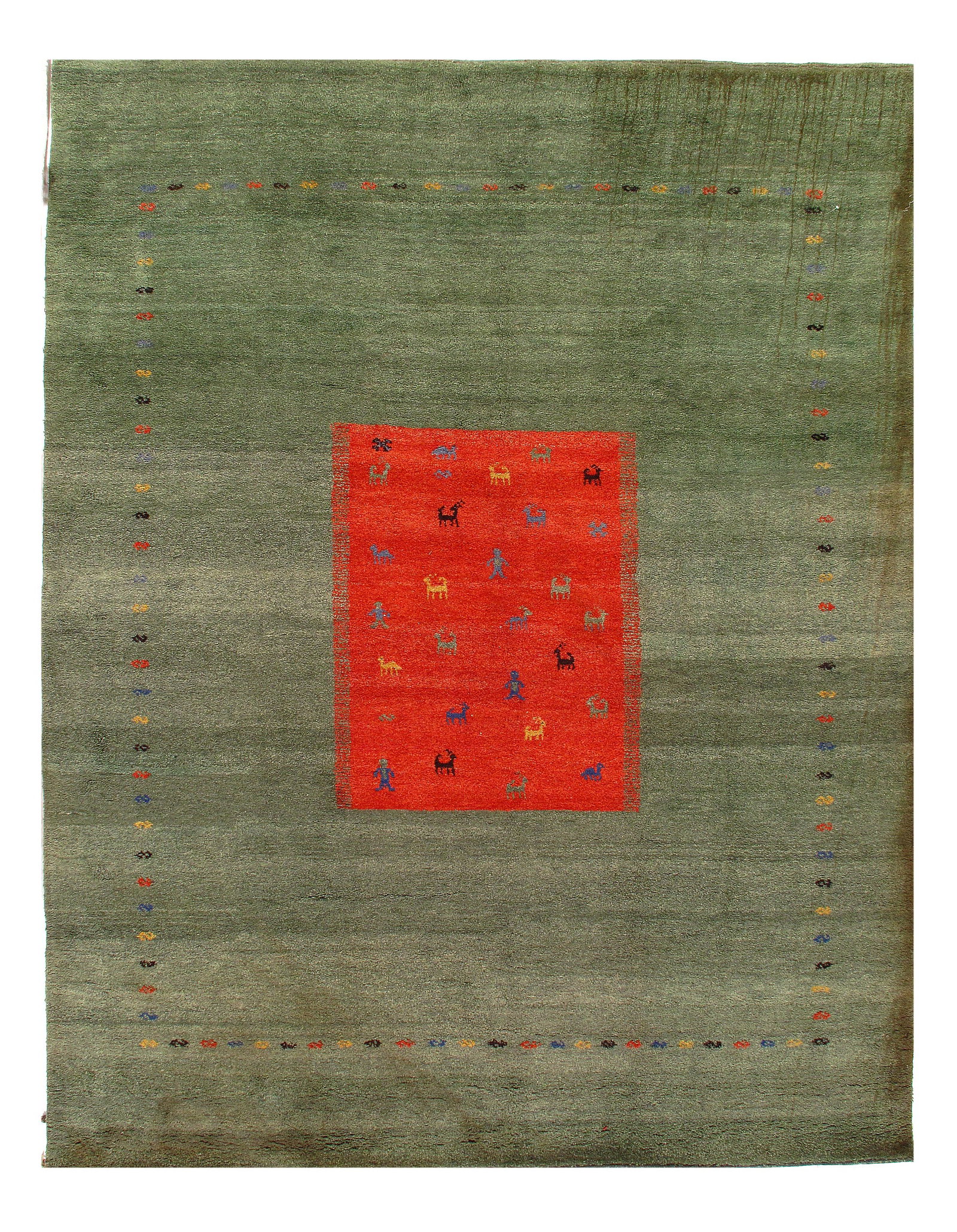 Green Habd Knotted Gabbeh Rug - 8'8" x 11'7": Green Habd Knotted Gabbeh Rug - 8'8" x 11'7" - New, Gabbeh, Hand-Knotted, Lamb's Wool, 300 -D10943- 862.This item is part of our fine auction collection which includes many fine home accessories inclu