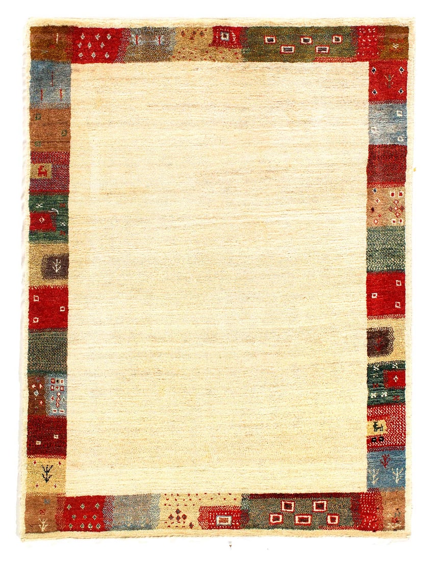 Ivory Hand Knotted Persian gabbeh Rug 3'4"X 4'5': Ivory Hand Knotted Persian gabbeh Rug 3'4"X 4'5' - NEW, Gabbeh, Hand-Knotted, Lamb's Wool, 300 -D03025- 862.This item is part of our fine auction collection which includes many fine home accessories i