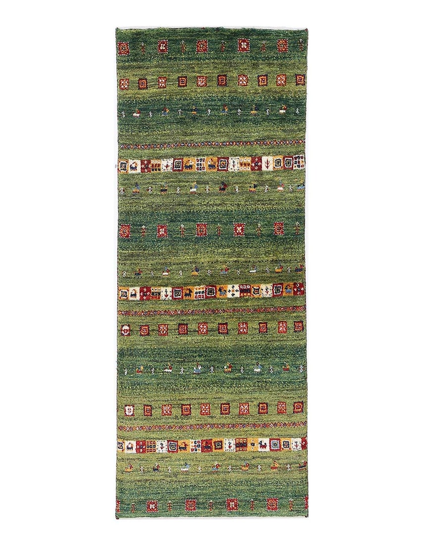 Green color Fine Hand knotted Persian Gabbeh Runner 1'9'' X 4'11'': Green color Fine Hand knotted Persian Gabbeh Runner 1'9'' X 4'11'' - New, Gabbeh, Hand-Knotted, Lamb's Wool, 300 -D13896- 862.This item is part of our fine auction collection which includes many fine 
