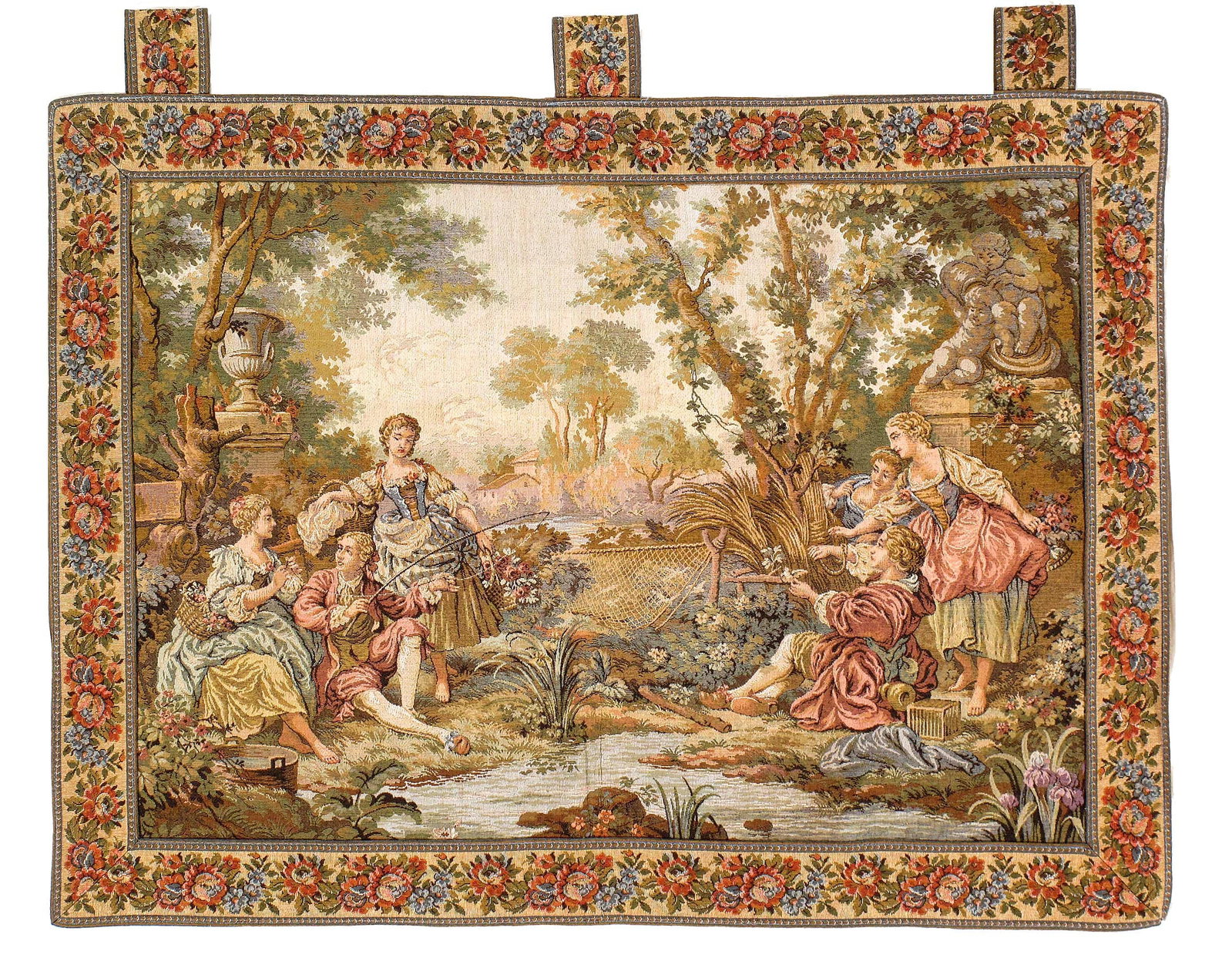 Genre Tapestry Landscape Romantic Vintage 3'5'' X 3'6'': Genre Tapestry Landscape Romantic Vintage 3'5'' X 3'6'' - Circa 1970, French, Hand-Loomed, Flat Weave, 300 -D12061- 862.This item is part of our fine auction collection which includes many fine home a