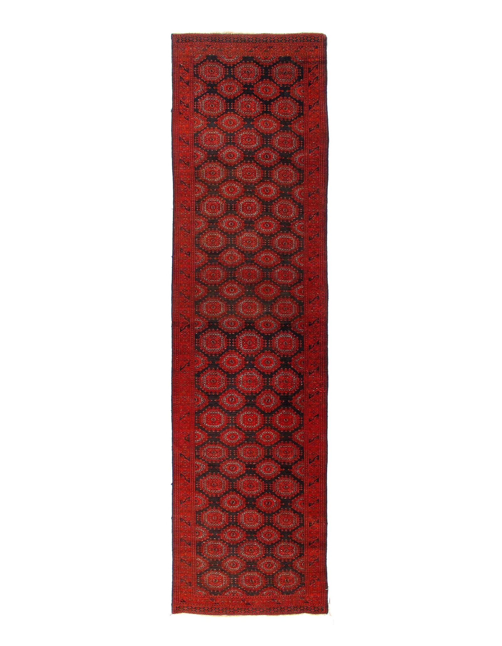 Afghan Bashir Red Hand Knotted Runner 3'X 11'5": Afghan Bashir Red Hand Knotted Runner 3'X 11'5" - circa 2000, Beshir, Hand-Knotted, Lamb's Wool, 300 -D14998- 862.This item is part of our fine auction collection which includes many fine home accesso
