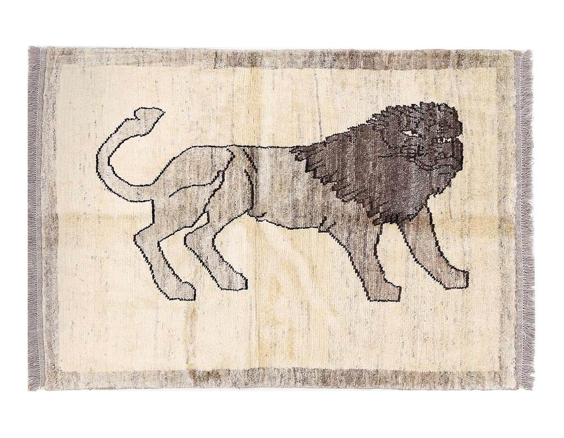 Handmade Persian Gabbeh Pictorial Lion Accent 3'4" X 5': Handmade Persian Gabbeh Pictorial Lion Accent 3'4" X 5' - NEW, Animal, Hand-Knotted, Lamb's Wool, 300 -D13838- 862.This item is part of our fine auction collection which includes many fine home access