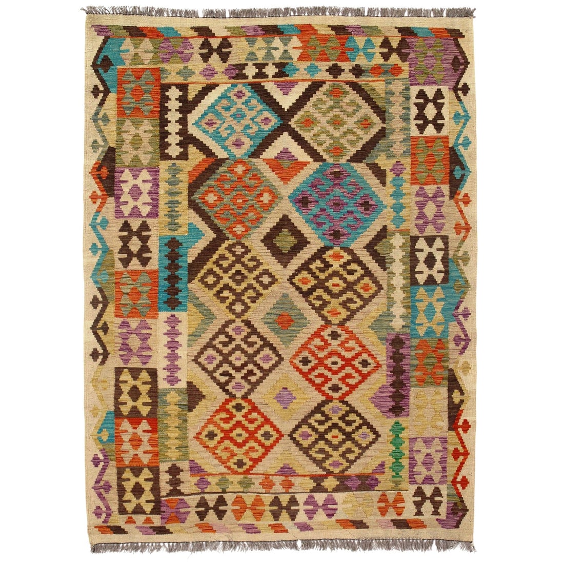 Afghan Kilim Handspun Wool Rug - 4'11" x 6'6": Afghan Kilim Handspun Wool Rug - 4'11" x 6'6" - New, Afghan, Hand-Knotted, Lamb's Wool, 300 -D09885- 862.This item is part of our fine auction collection which includes many fine home accessories incl
