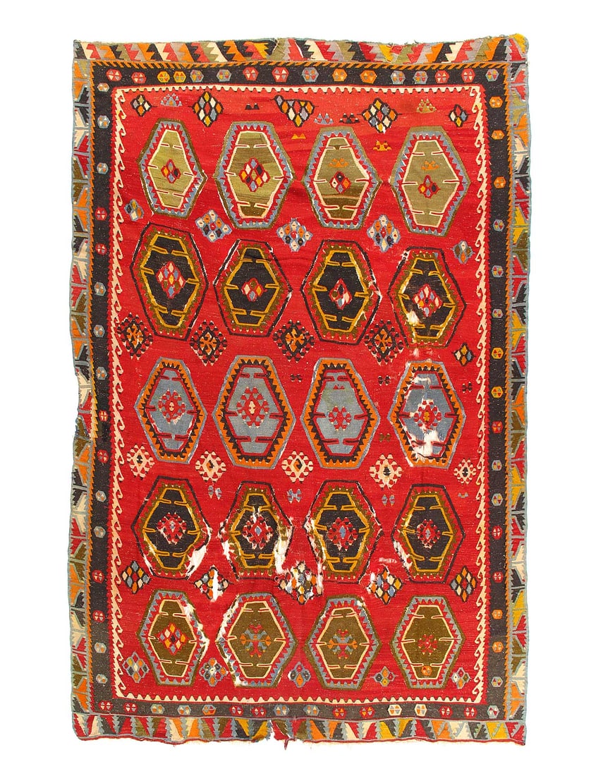 Red Antique Turkish Kilim Rug 7'9"x 11'3": Red Antique Turkish Kilim Rug 7'9"x 11'3" - CIRCA 1930, Turkish, Flatweave, Lamb's Wool, 300 -D12377- 862.This item is part of our fine auction collection which includes many fine home accessories inc