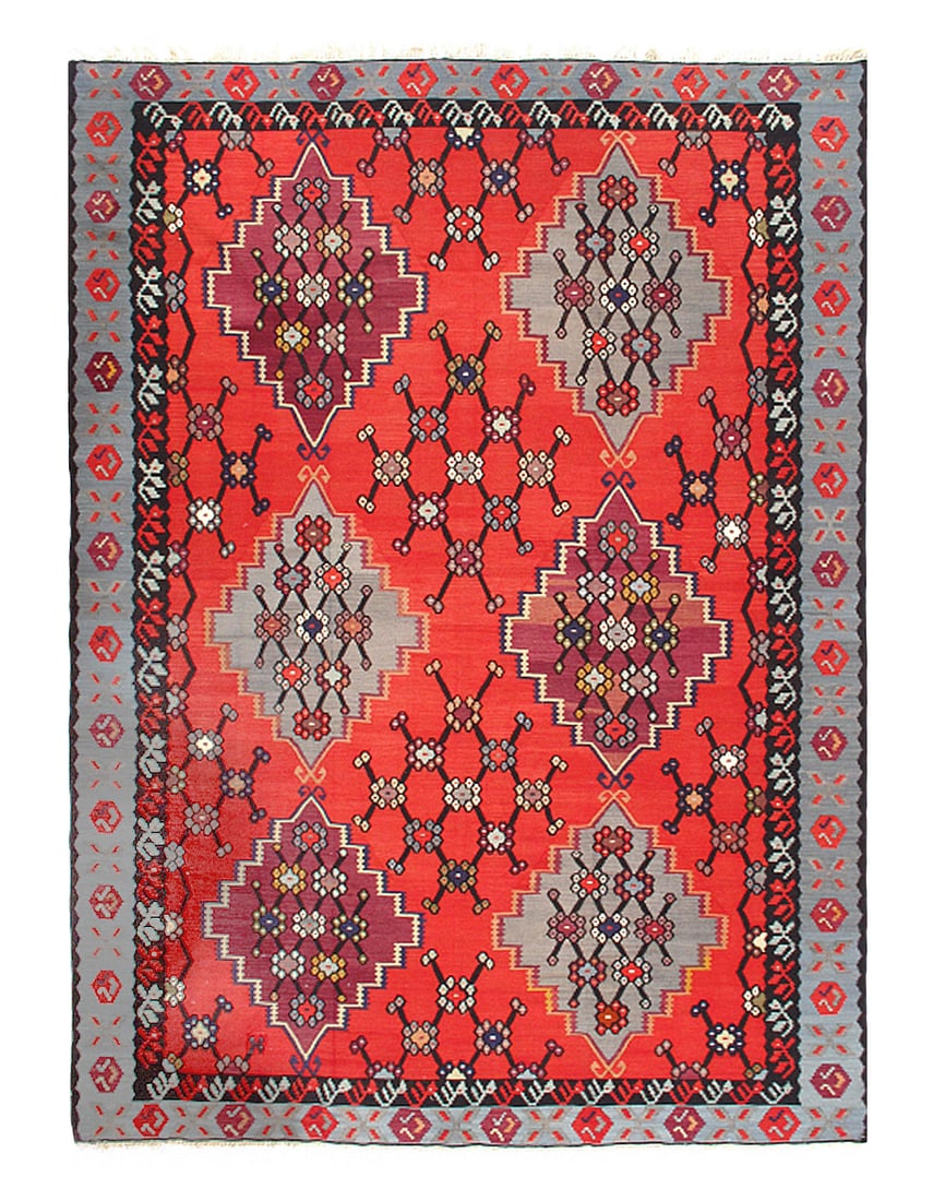 Red Fine Hand knotted Turkish kilim 6'11'' X 10': Red Fine Hand knotted Turkish kilim 6'11'' X 10' - Circa 1940, Turkish, Kilim, Flat Weave, 300 -17292- 862.This item is part of our fine auction collection which includes many fine home accessories in