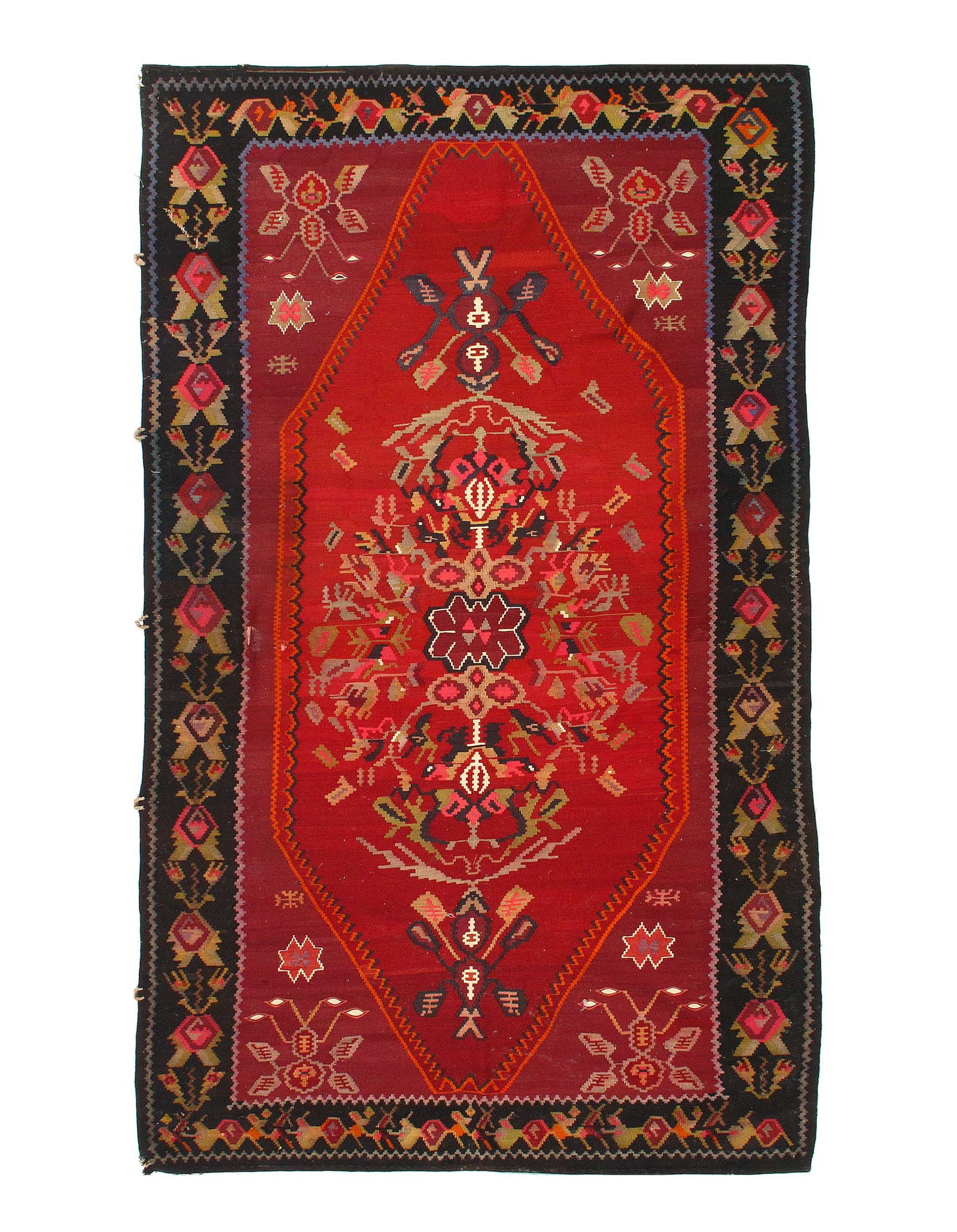 Red Turkish Antique Kilim 4'11'' X 8'8'': Red Turkish Antique Kilim 4'11'' X 8'8'' - Circa 1950, Turkish, Hand-Knotted, Flat Weave, 300 -D07793- 862.This item is part of our fine auction collection which includes many fine home accessories in