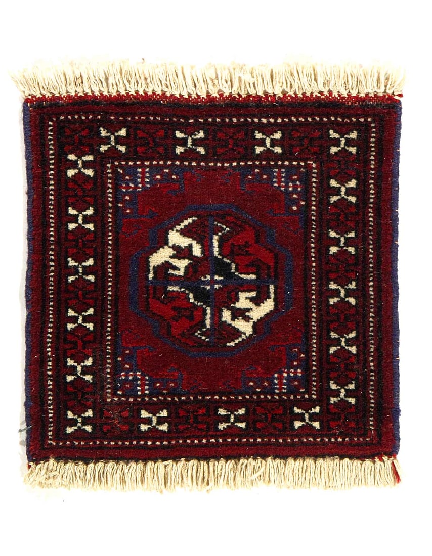 Hand-Knotted Torkaman 1'x1'6": Hand-Knotted Torkaman 1'x1'6" - CIRCA 1960, Turkaman, Hand-Knotted, Lamb's Wool, 300 -D03381- 862.This item is part of our fine auction collection which includes many fine home accessories including a