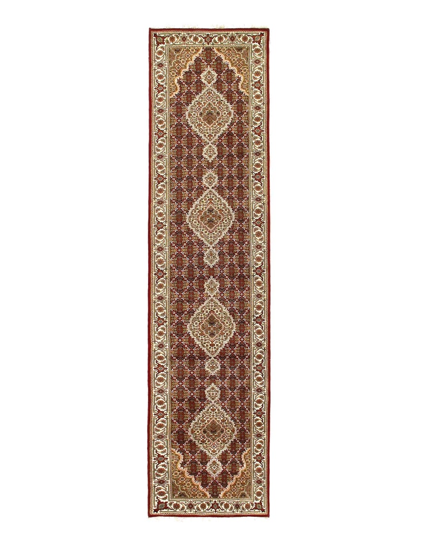 Fine Hand Knotted Silk & wool Tabriz runner 2'7'' X 11'9'': Fine Hand Knotted Silk & wool Tabriz runner 2'7'' X 11'9'' - New, Tabriz, Hand-Knotted, Wool & Silk, 300 -D12289- 862.This item is part of our fine auction collection which includes many fine home acc