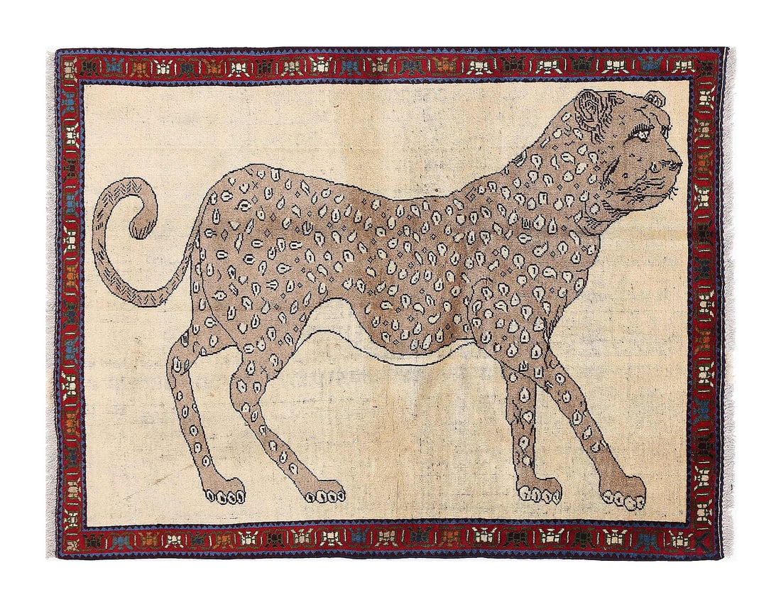 Fine Hand Knotted Cheetah Design Persian Shiraz Rug 3'9'' X 5'3'': Fine Hand Knotted Cheetah Design Persian Shiraz Rug 3'9'' X 5'3'' - New, Shiraz, Hand-Knotted, Lamb's Wool, 300 -D13444- 862.This item is part of our fine auction collection which includes many fine h