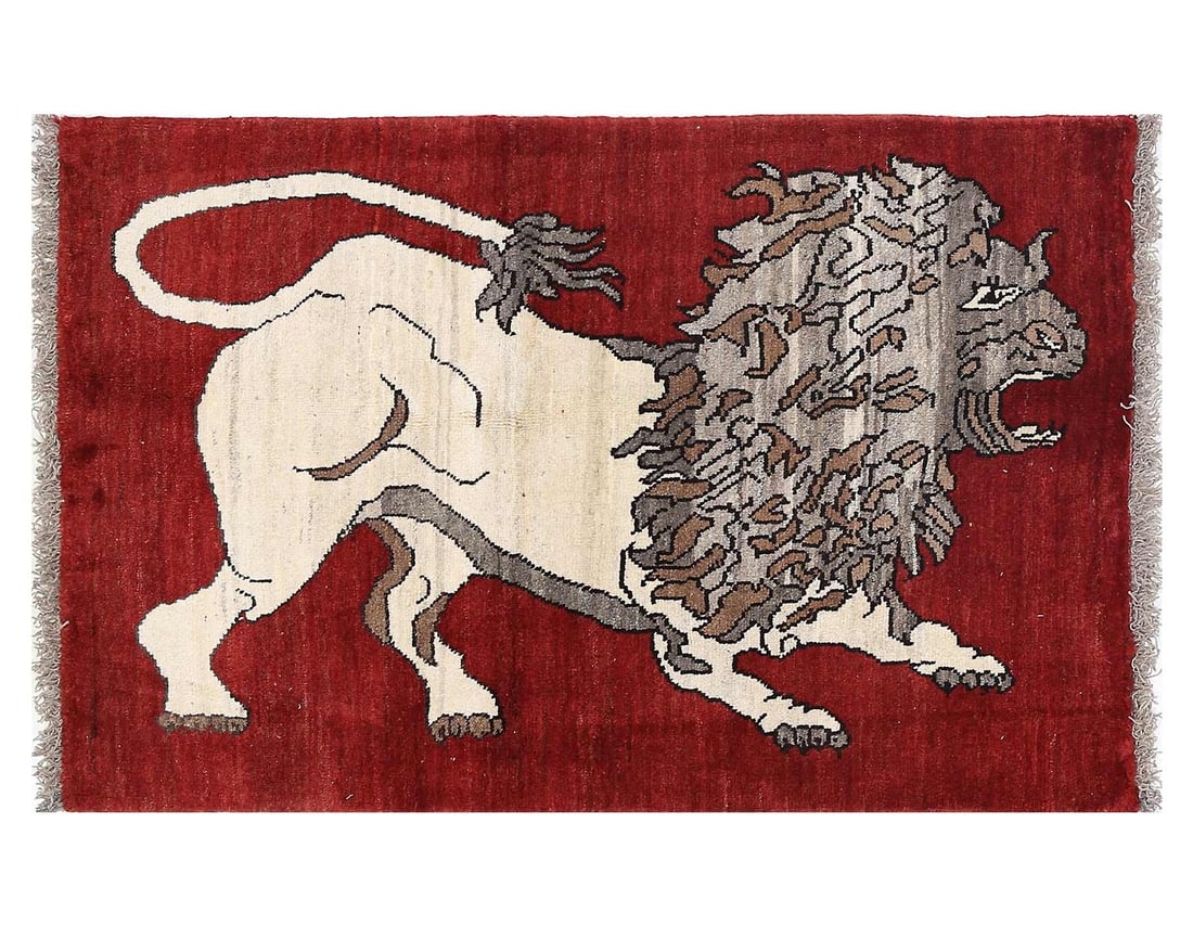 Handmade Persian Gabbeh Pictorial Lion Accent 3'X 4'5": Handmade Persian Gabbeh Pictorial Lion Accent 3'X 4'5" - NEW, Shiraz, Hand-Knotted, Lamb's Wool, 300 -D13819- 862.This item is part of our fine auction collection which includes many fine home accesso