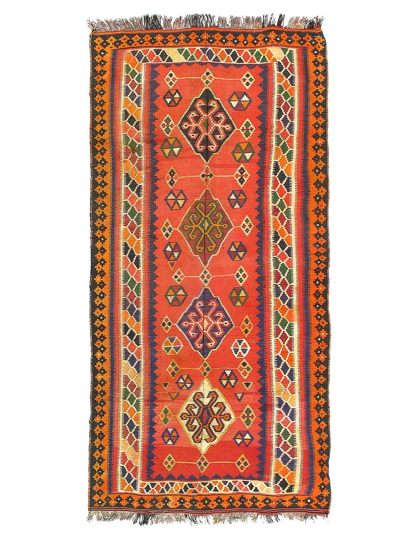 Rust Vintage Persian Reversible Kilim Flat Weave 4'4'' X 8'11'': Rust Vintage Persian Reversible Kilim Flat Weave 4'4'' X 8'11'' - 1920, Shiraz, Hand-Knotted, Flat Weave, 300 -52682- 862.This item is part of our fine auction collection which includes many fine home