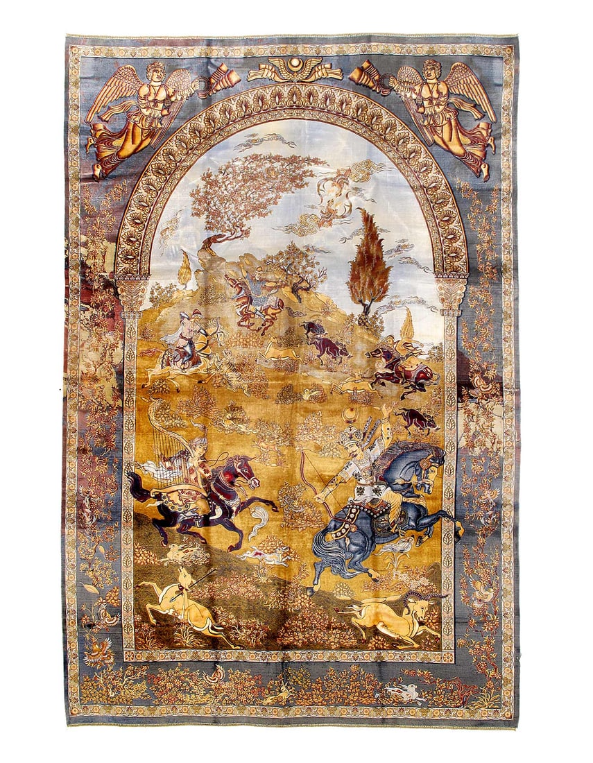 Persian Hunting Scene Silk Qum Design 6'7'' X 9'11'': Persian Hunting Scene Silk Qum Design 6'7'' X 9'11''- New, Modern, Machine Made, V.silk, 300 -D15490- 862.This item is part of our fine auction collection which includes many fine home accessories inc