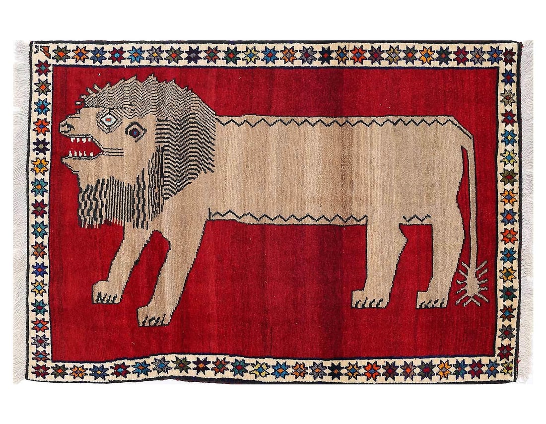 Handmade Persian Gabbeh Pictorial Lion Accent 3'5"X 5'2": Handmade Persian Gabbeh Pictorial Lion Accent 3'5"X 5'2" - NEW, Gabbeh, Hand-Knotted, Lamb's Wool, 300 -D13795- 862.This item is part of our fine auction collection which includes many fine home acces