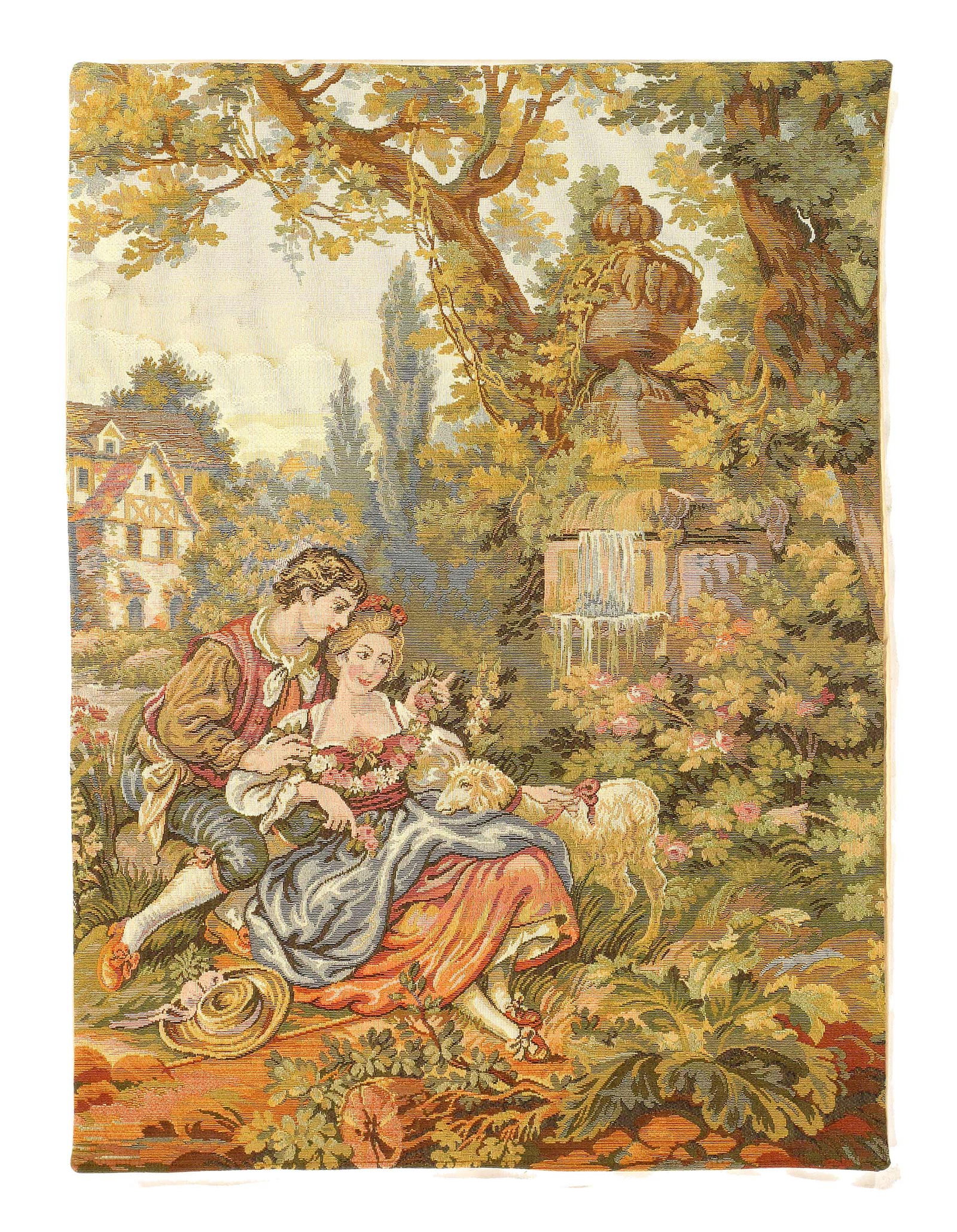 Genre Tapestry Landscape Romantic Vintage 1'9'' X 2'4'': Genre Tapestry Landscape Romantic Vintage 1'9'' X 2'4'' - Circa 1970, French, Hand-Loomed, Flat Weave, 300 -D12054- 862.This item is part of our fine auction collection which includes many fine home a