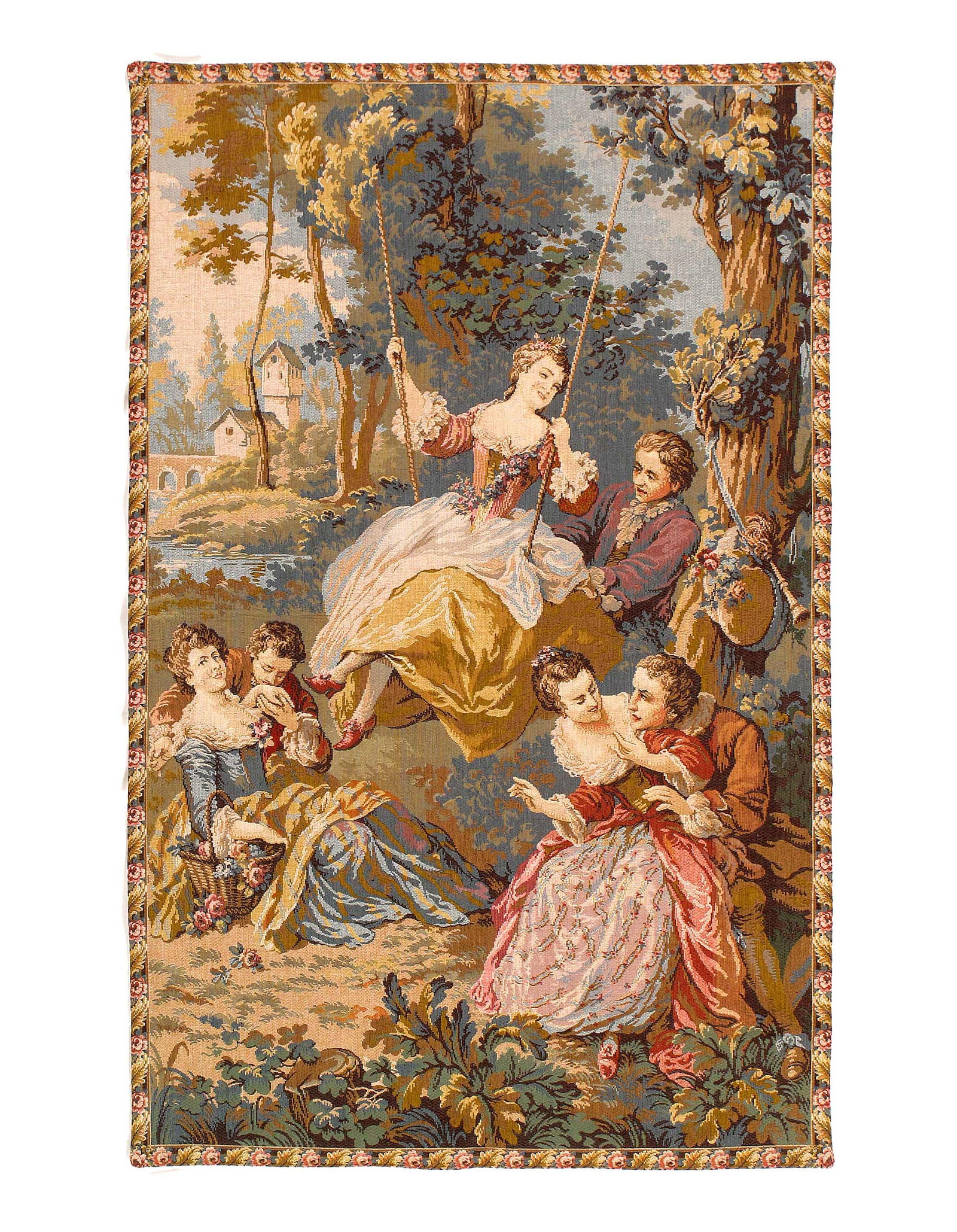 Genre Tapestry Landscape Romantic Vintage 2'7'' X 4'1'': Genre Tapestry Landscape Romantic Vintage 2'7'' X 4'1'' - Circa 1970, French, Hand-made, Flat Weave, 300 -D12052- 862.This item is part of our fine auction collection which includes many fine home acc
