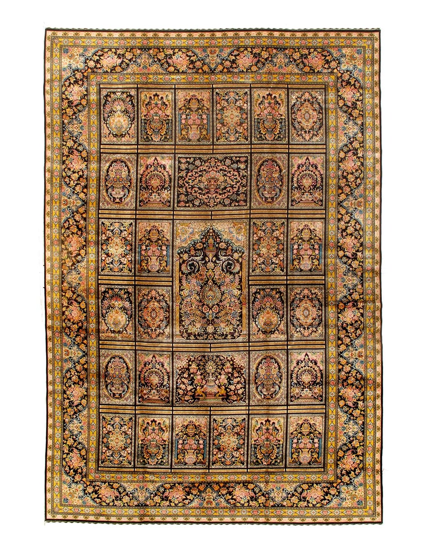 Persian Silk Qum Design 6'7'' X 9'11'': Add a Touch of elegance with the D15470 Qum Persian silk Machine Made rug ,featuring the timeless Qum Design Made from premium modal yarn .This item is part of our fine auction collection which includ