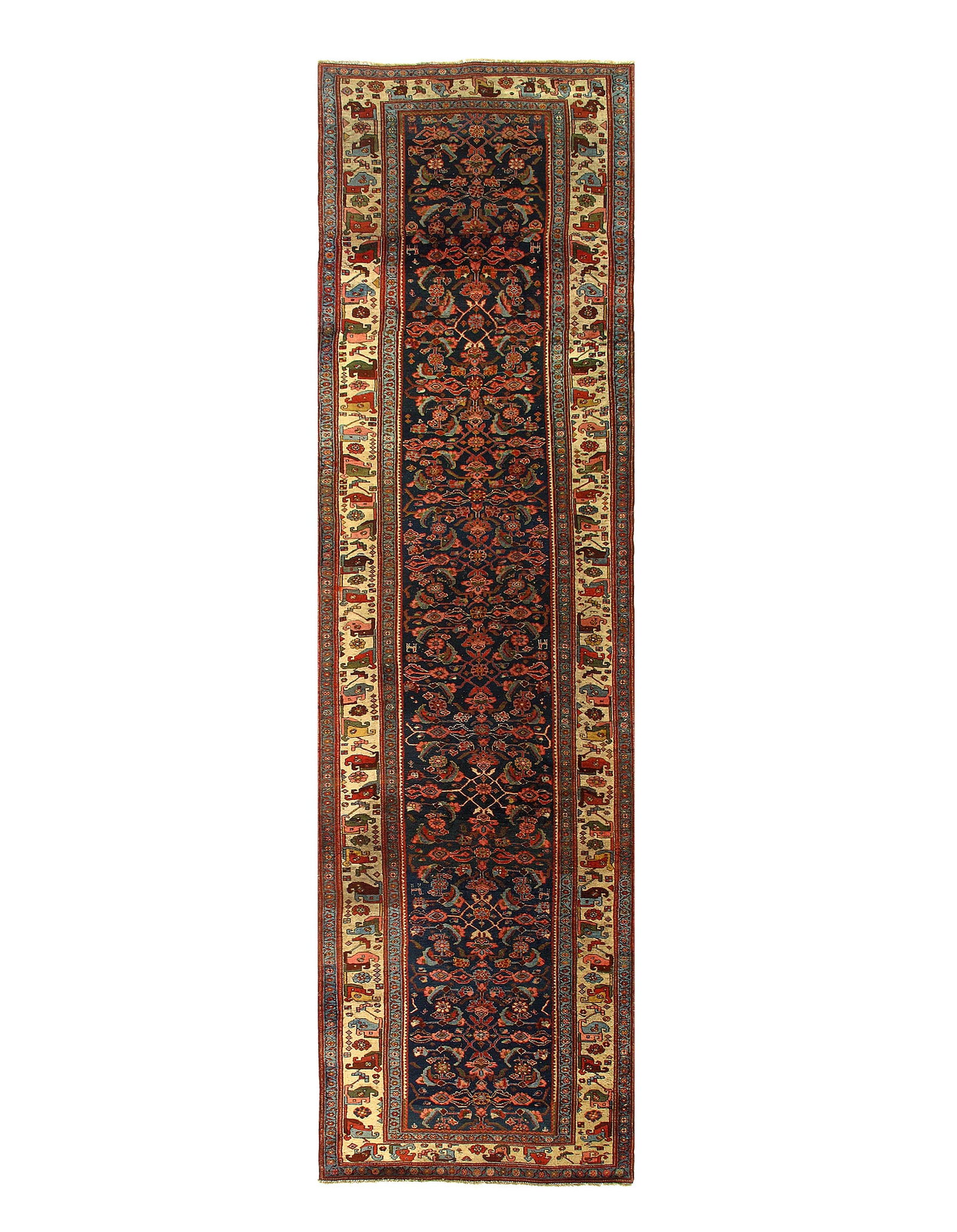 Navy Persian Antique Bidjar Runner 4'.3'' X 16'.3'': Navy Persian Antique Bidjar Runner 4'.3'' X 16'.3'' - circa 1880, Bidjar, Hand-Knotted, Lamb's Wool, 300 -D07729- 862.This item is part of our fine auction collection which includes many fine home acc