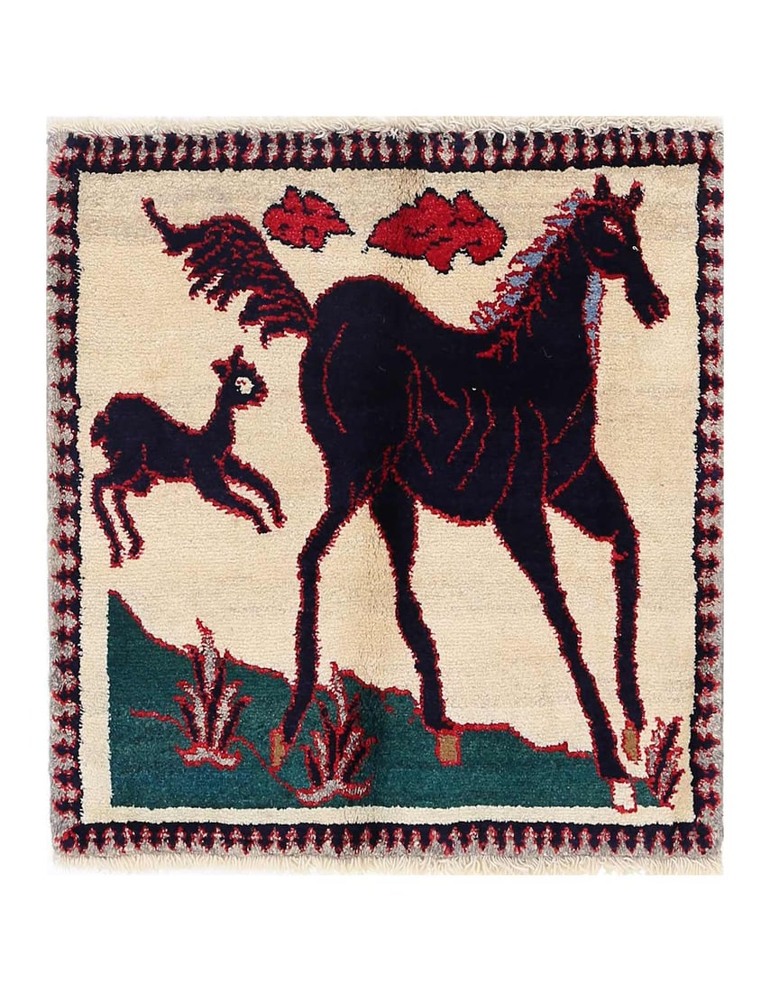Fine Hand knotted Persian Shiraz Horse Design rug 2'6"X 2'7': Fine Hand knotted Persian Shiraz Horse Design rug 2'6"X 2'7' - NEW, Animal, Hand-Knotted, Lamb's Wool, 300 -D13818- 862.This item is part of our fine auction collection which includes many fine home a