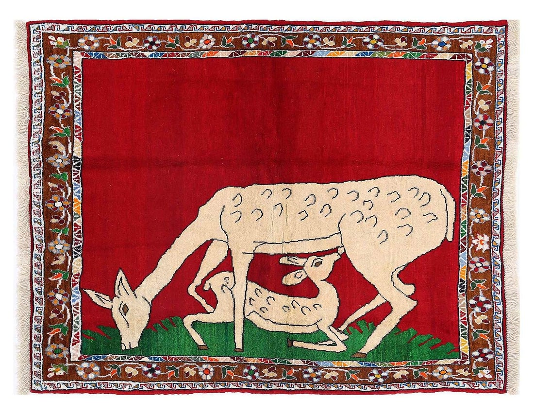 Fine Hand knotted Persian Deer Gabbeh Rug 4'X 5'5": Fine Hand knotted Persian Deer Gabbeh Rug 4'X 5'5" - NEW, Animal, Hand-Knotted, Lamb's Wool, 300 -D13634- 862.This item is part of our fine auction collection which includes many fine home accessories
