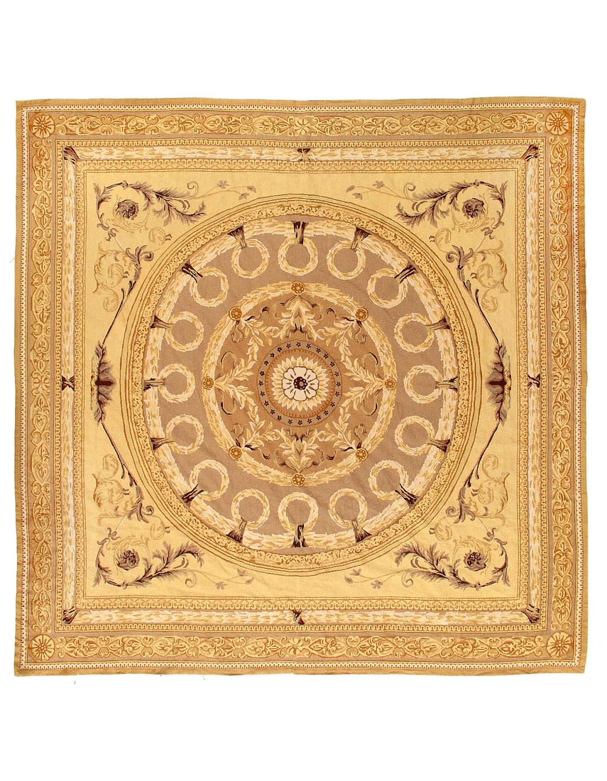 Beige Fine Hand Knotted Abusson Rug 9'8" x 9'8": Beige Fine Hand Knotted Abusson Rug 9'8" x 9'8" - Circa 1980, Abuson, Hand-Woven, Lamb's Wool, 300 -D12608- 862.This item is part of our fine auction collection which includes many fine home