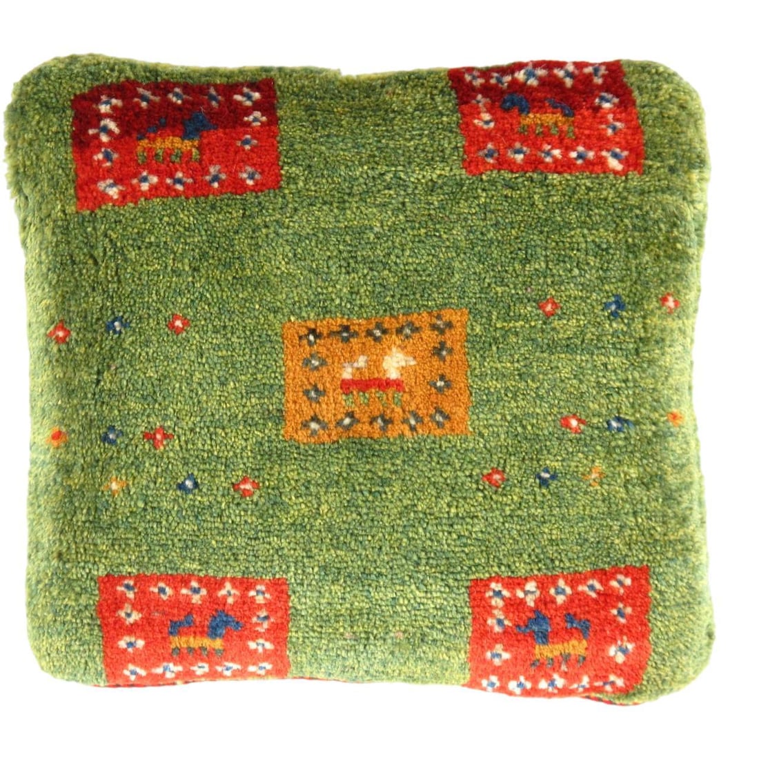 Green color Hand knotted Persian gabbeh pillow 15" X 16": Green color Hand knotted Persian gabbeh pillow 15" X 16" - New, Gabbeh, Handmade , Lamb's Wool, 300 -PG 107- 862.This item is part of our fine auction collection which includes many fine home accessor