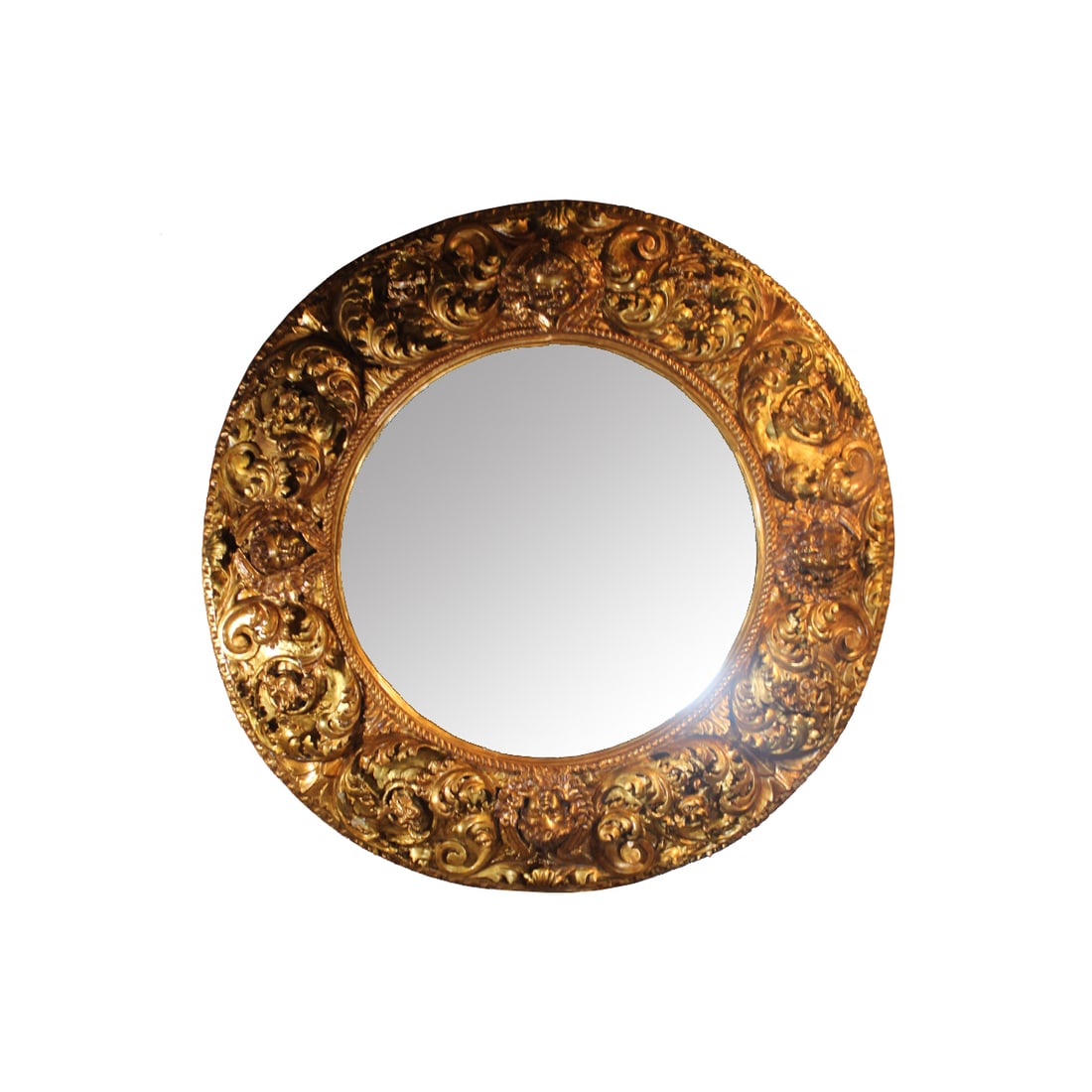 Antique French Round Wall Mirror Carved Wood Gold Frame (1 of 7)