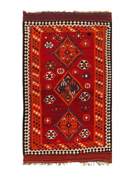 Red Vintage Persian Shiraz Kilim 5'8" X 9'8": Red Vintage Persian Shiraz Kilim 5'8" X 9'8" - circa 1970, Shiraz, Flatweave, Wool on Wool, 300 -52853- 862.This item is part of our fine auction collection which includes many fine home accessories i