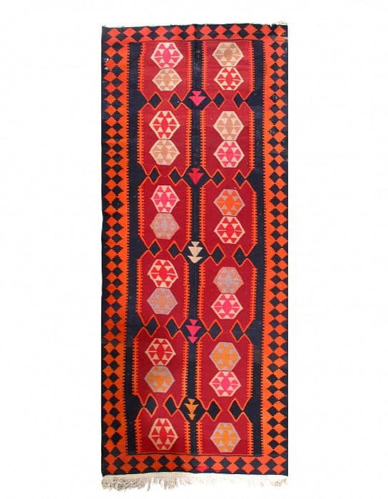 Rust Persian Hand Knotted fine kilim shiraz 4'9'' X 12'4'': Rust Persian Hand Knotted fine kilim shiraz 4'9'' X 12'4'' - Circa 1960, Shiraz, Hand-Knotted, Flat Weave, 300 -50169- 862.This item is part of our fine auction collection which includes many fine hom