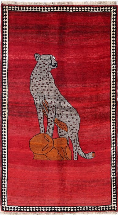 Red Hand Knotted Cheetah Design Rug 3'6"X 6'4": Red Hand Knotted Cheetah Design Rug 3'6"X 6'4" - CIRCA 2000, Shiraz, Hand-Knotted, Lamb's Wool, 300 -D13641- 862.This item is part of our fine auction collection which includes many fine home accessor