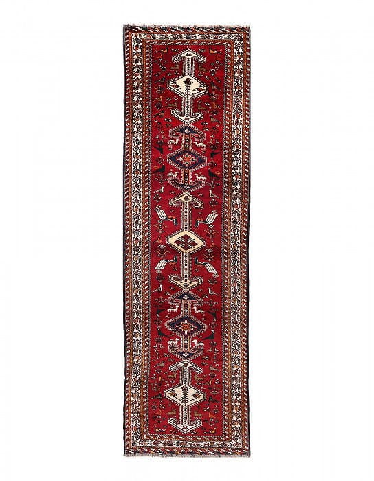 Hand knotted Persian shiraz runner3'5"x12'5": Hand knotted Persian shiraz runner3'5"x12'5" - New, Shiraz, Hand-Knotted, Wool, 300 -D14019- 862.This item is part of our fine auction collection which includes many fine home accessories including an