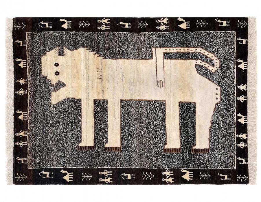 Fine Hand knotted Persian Lion design Shiraz rug 3'5'' X 4'9'': Fine Hand knotted Persian Lion design Shiraz rug 3'5'' X 4'9'' - New, Shiraz, Hand-Knotted, Lamb's Wool, 300 -D13518- 862.This item is part of our fine auction collection which includes many fine home