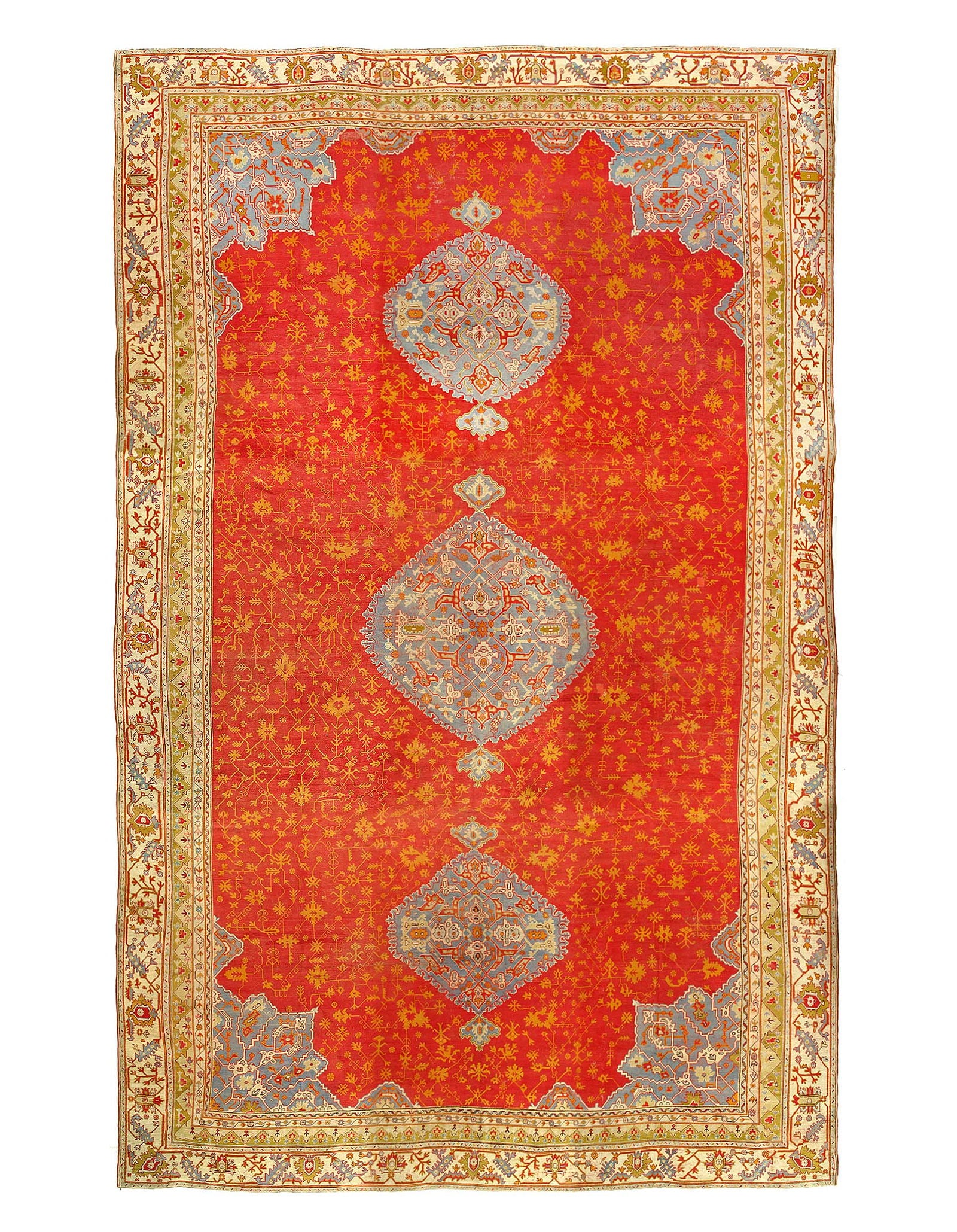 Decorative Rustic Red Color Antique Tribal Center Medallion Design Turkish Oushak Rug 22'3'' X 37'': Decorative Rustic Red Color Antique Tribal Center Medallion Design Turkish Oushak Rug 22'3'' X 37'' - Circa 1900, Oushak, Hand-Knotted, Lamb's Wool, 300 -D12723- 862.This item is part of our fine auct
