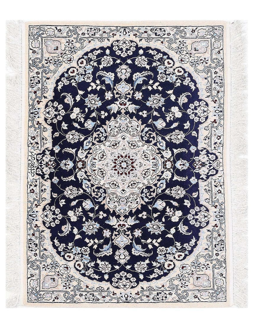 Navy blue hand knotted Silk & wool Nain 2'7'' X 3'11'': Navy blue hand knotted Silk & wool Nain 2'7'' X 3'11'' - New, Nain, Hand-Knotted, Wool & Silk, 300 -D13366- 862.This item is part of our fine auction collection which includes many fine home accessori