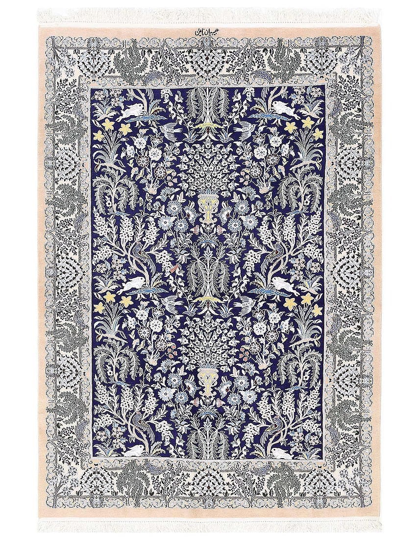 Navy Blue Hand Knotted Persian silk & wool Nain 4'11'' X 7'1'': Navy Blue Hand Knotted Persian silk & wool Nain 4'11'' X 7'1'' - New, Nain, Hand-Knotted, Wool & Silk, 300 -D13306- 862.This item is part of our fine auction collection which includes many fine home a