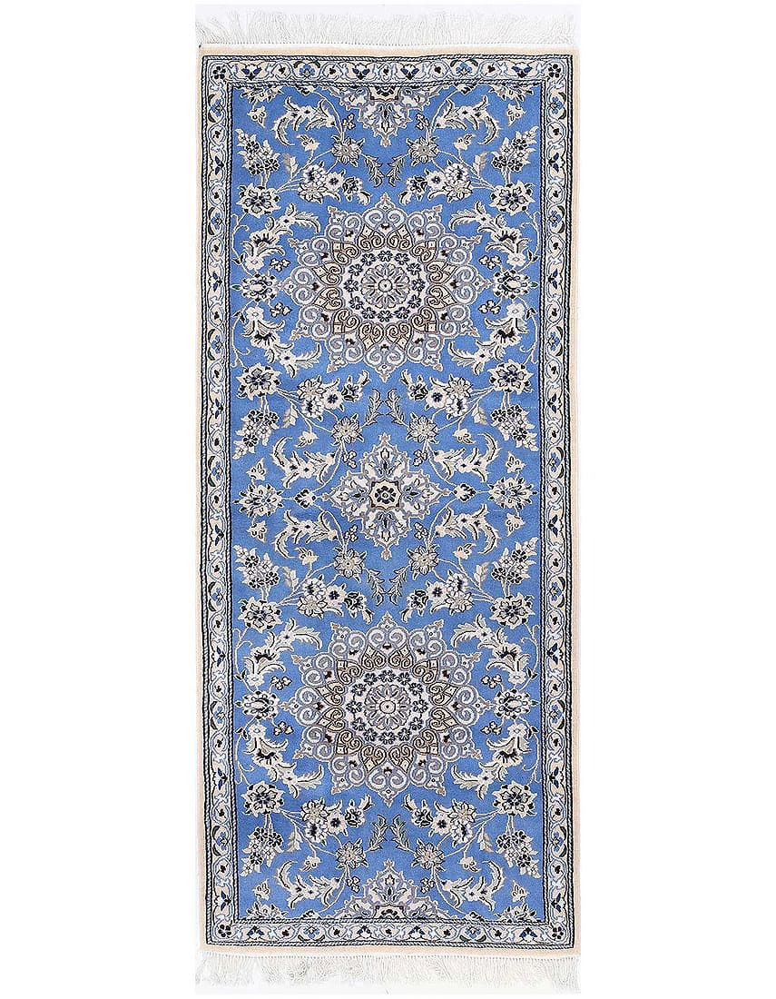 Light blue Fine Hand knotted Persian silk & wool Nain 2'7'' X 6'8'': Light blue Fine Hand knotted Persian silk & wool Nain 2'7'' X 6'8'' - New, Nain, Hand-Knotted, Lamb's Wool, 300 -D13529- 862.This item is part of our fine auction collection which includes many fine h
