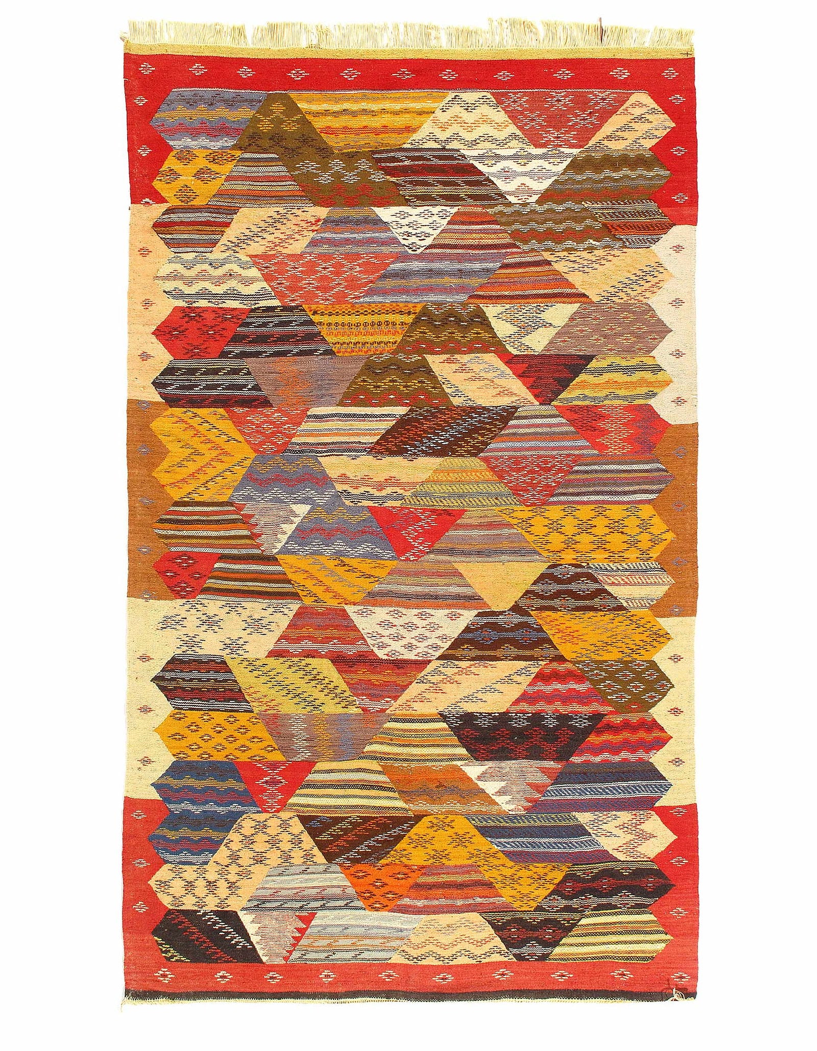 Fine Hand woven Flat Weave vintage Moroccan 4'11'' X 8'2'': Fine Hand woven Flat Weave vintage Moroccan 4'11'' X 8'2'' - Circa 1970, Moroccan, Hand-Woven, Flat Weave, 300 -D11877- 862.This item is part of our fine auction collection which includes many fine ho