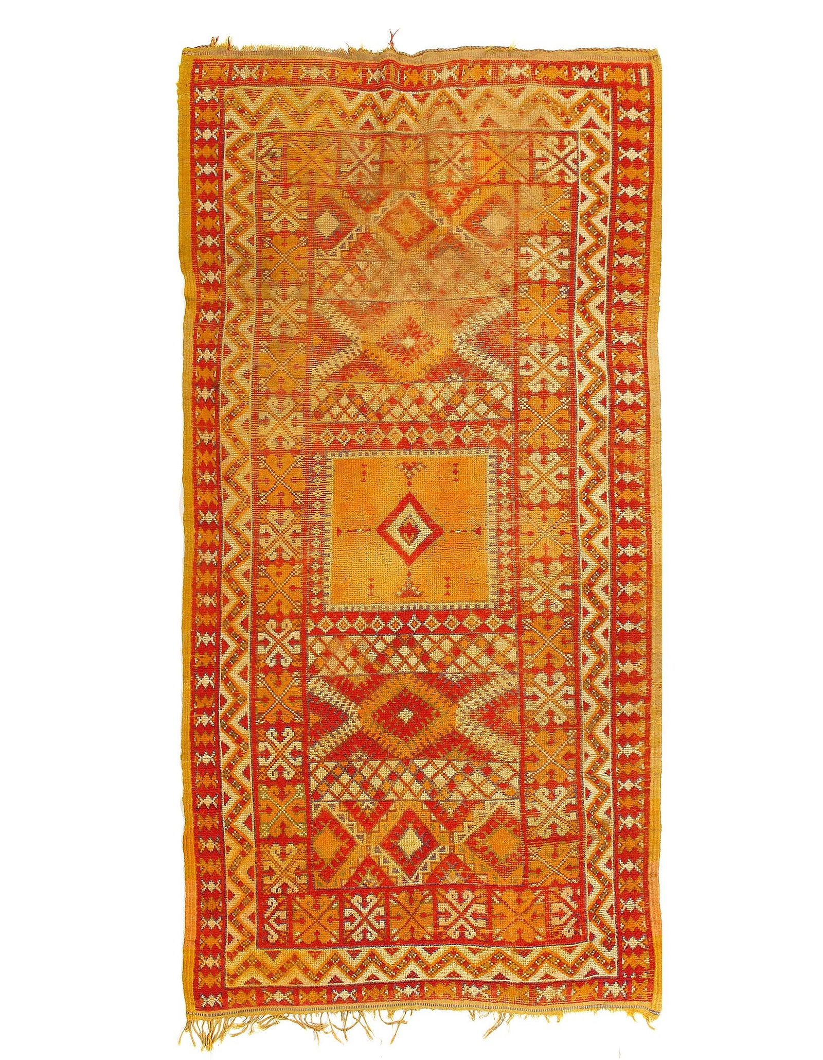 Vintage Gold color Moroccan Rug 4'4'' X 9'4'': Vintage Gold color Moroccan Rug 4'4'' X 9'4'' - Early 20th Century, Moroccan, Hand-Knotted, Lamb's Wool, 300 -D11584- 862.This item is part of our fine auction collection which includes many fine home