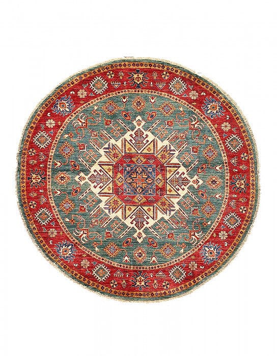 Green Color Fine Hand Knotted Round Kazak 5'3"X 5'3": Green Color Fine Hand Knotted Round Kazak 5'3"X 5'3" - New, Kazak, Hand-Knotted, Lamb's Wool, 300 -D14077- 862.This item is part of our fine auction collection which includes many fine home accessorie