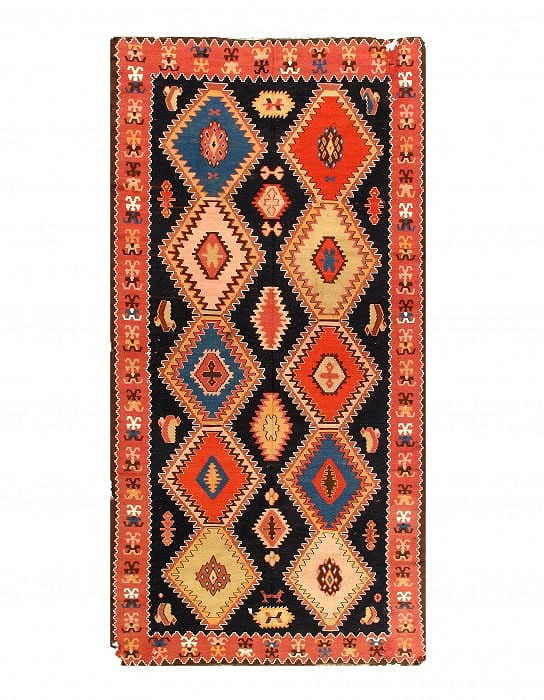 Multi Color Antique Russian Kazak 5'11'' X 11'8'': Multi Color Antique Russian Kazak 5'11'' X 11'8'' - Circa 1940, Kazak, Hand-Knotted, Flat Weave, 300 -14168- 862.This item is part of our fine auction collection which includes many fine home accessor